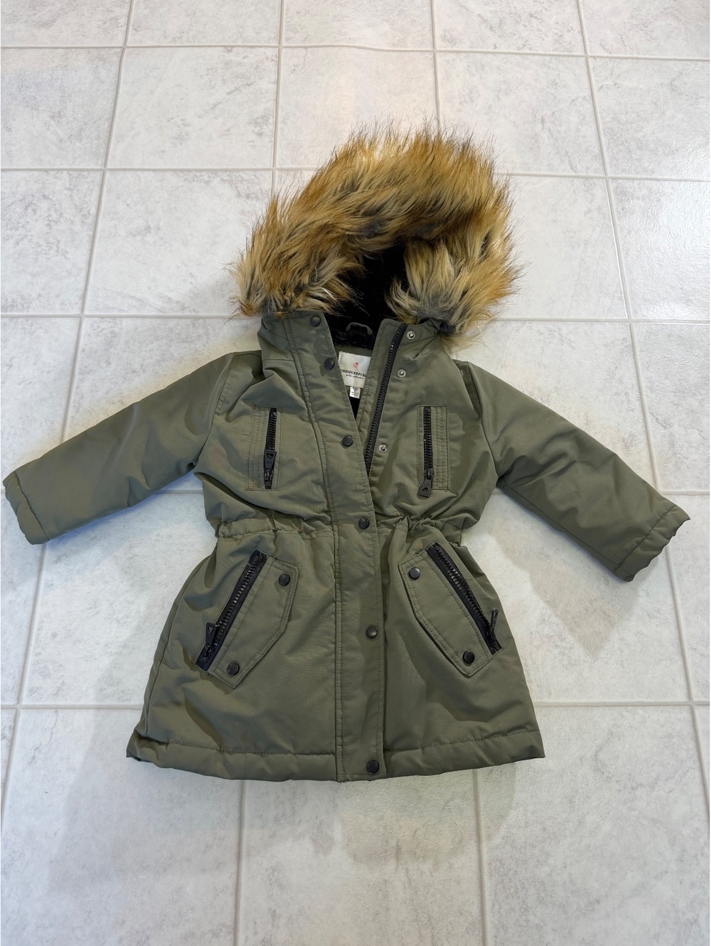 Urban Republic Girls' Olive Green Winter Coat with Faux Fur Hood, Size 2T